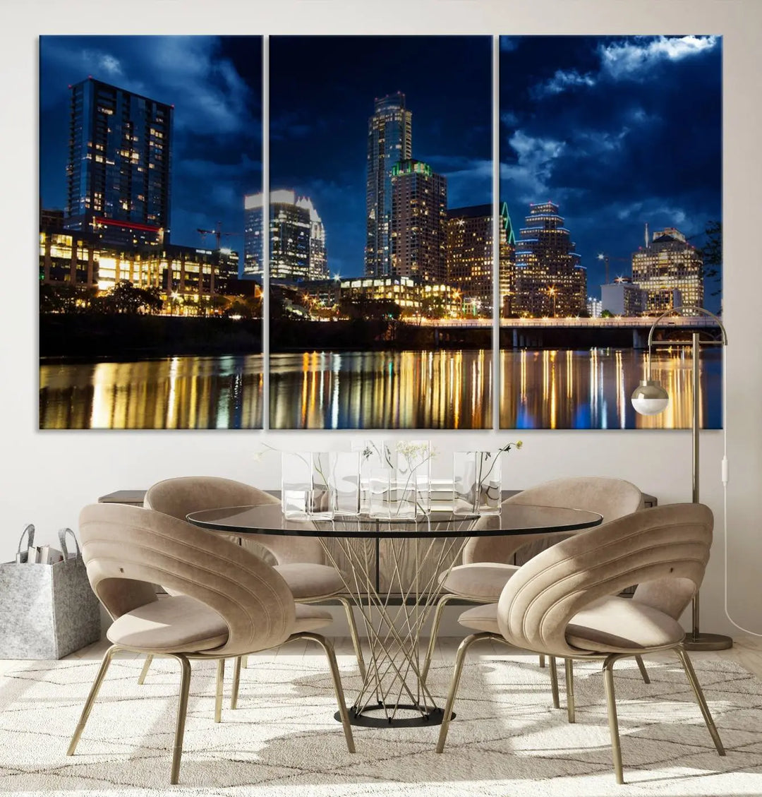 The modern living room is enhanced by the sophisticated "Austin City Lights Night Blue Cloudy Skyline Cityscape View" wall art canvas print. This piece features museum-quality craftsmanship and a UV-protective coating.