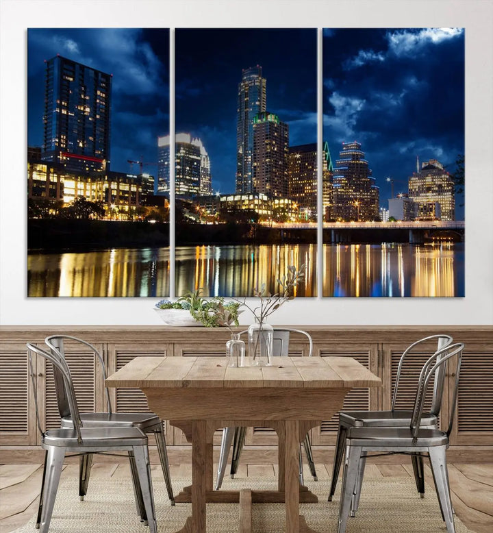 The modern living room is enhanced by the sophisticated "Austin City Lights Night Blue Cloudy Skyline Cityscape View" wall art canvas print. This piece features museum-quality craftsmanship and a UV-protective coating.