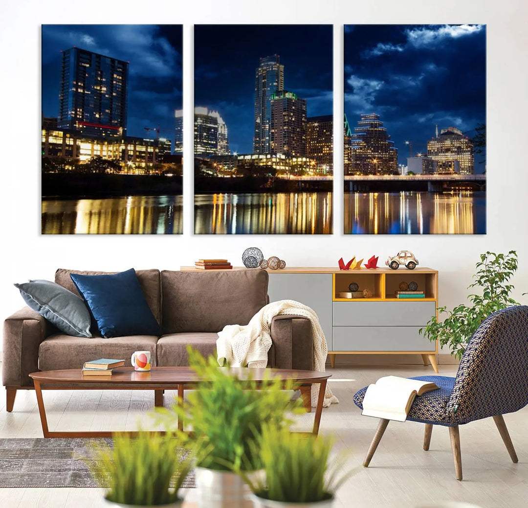 The modern living room is enhanced by the sophisticated "Austin City Lights Night Blue Cloudy Skyline Cityscape View" wall art canvas print. This piece features museum-quality craftsmanship and a UV-protective coating.