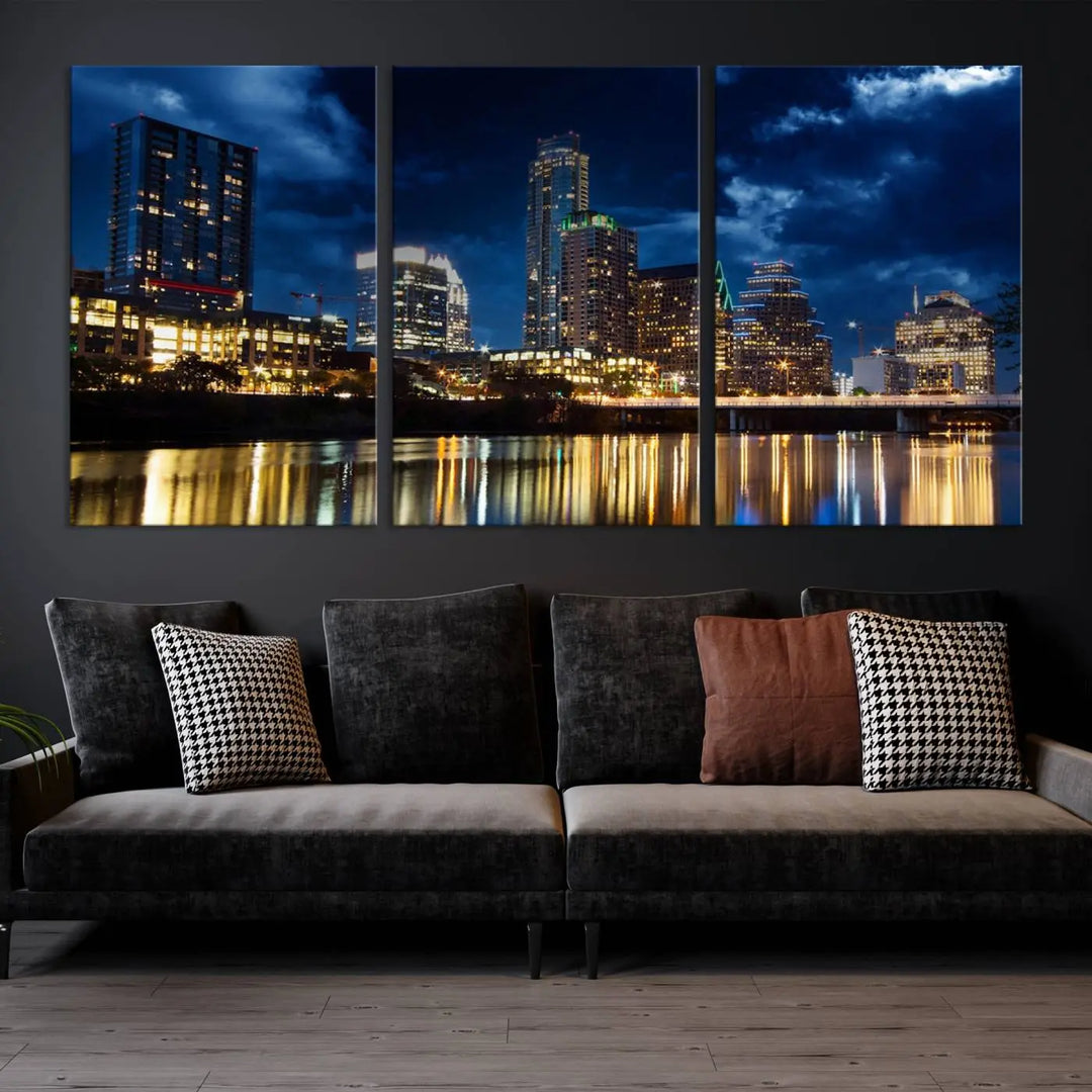 The modern living room is enhanced by the sophisticated "Austin City Lights Night Blue Cloudy Skyline Cityscape View" wall art canvas print. This piece features museum-quality craftsmanship and a UV-protective coating.