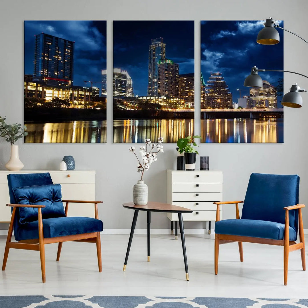 The modern living room is enhanced by the sophisticated "Austin City Lights Night Blue Cloudy Skyline Cityscape View" wall art canvas print. This piece features museum-quality craftsmanship and a UV-protective coating.