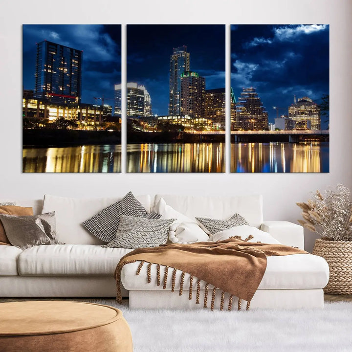 The modern living room is enhanced by the sophisticated "Austin City Lights Night Blue Cloudy Skyline Cityscape View" wall art canvas print. This piece features museum-quality craftsmanship and a UV-protective coating.