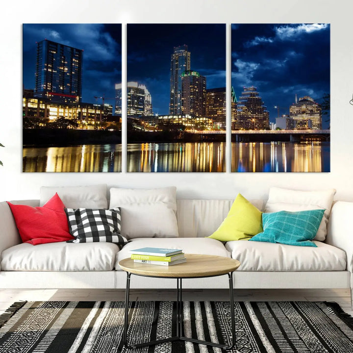 The modern living room is enhanced by the sophisticated "Austin City Lights Night Blue Cloudy Skyline Cityscape View" wall art canvas print. This piece features museum-quality craftsmanship and a UV-protective coating.