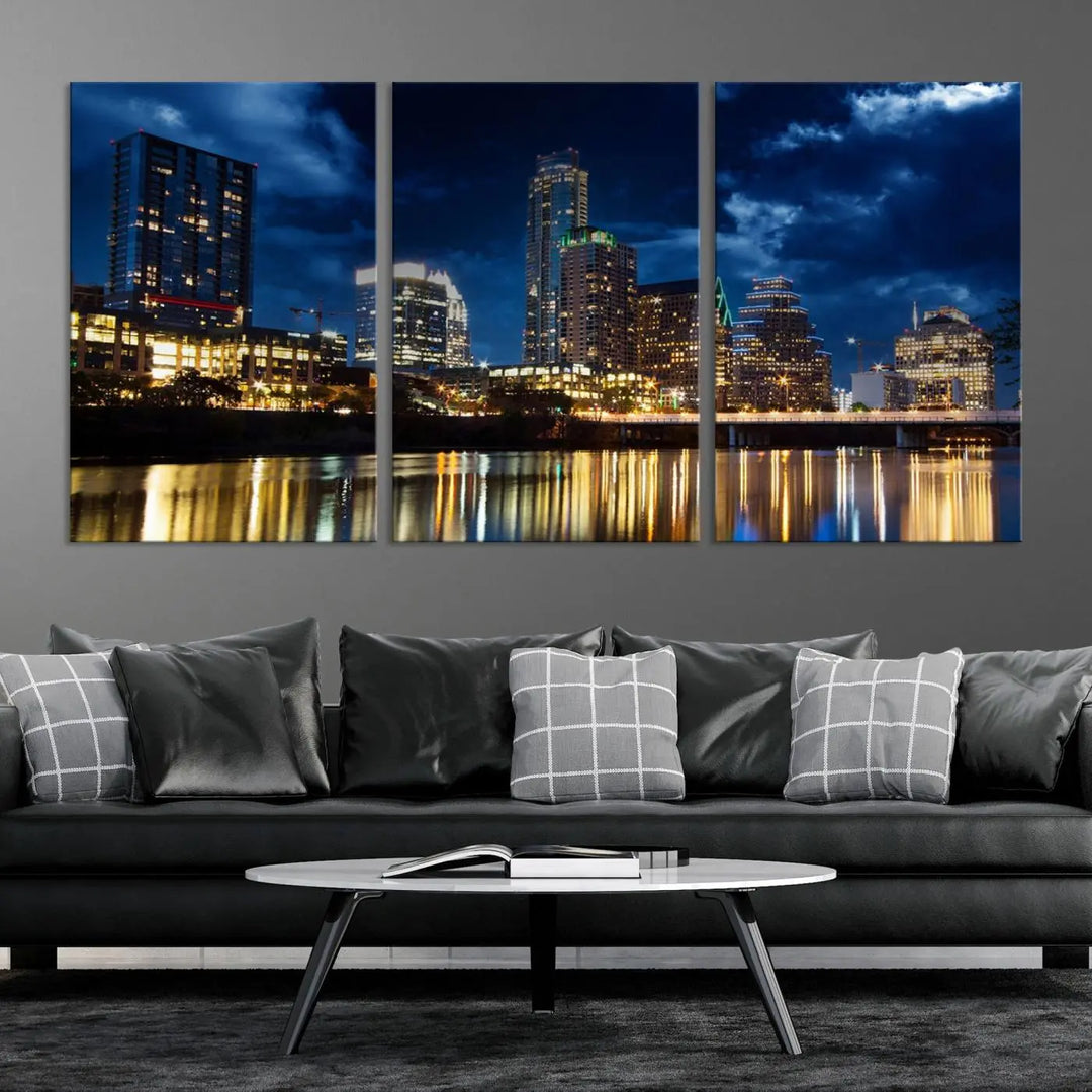 The modern living room is enhanced by the sophisticated "Austin City Lights Night Blue Cloudy Skyline Cityscape View" wall art canvas print. This piece features museum-quality craftsmanship and a UV-protective coating.