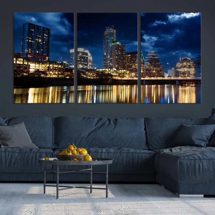 The modern living room is enhanced by the sophisticated "Austin City Lights Night Blue Cloudy Skyline Cityscape View" wall art canvas print. This piece features museum-quality craftsmanship and a UV-protective coating.