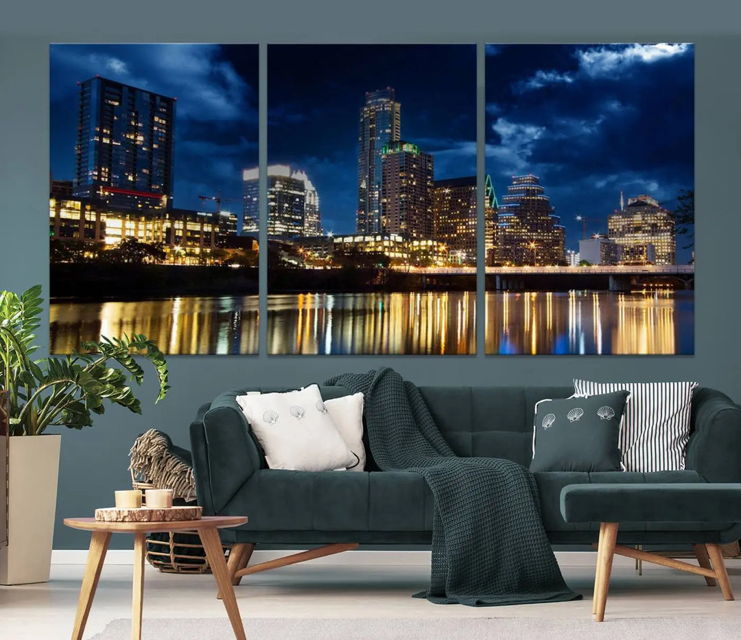 The modern living room is enhanced by the sophisticated "Austin City Lights Night Blue Cloudy Skyline Cityscape View" wall art canvas print. This piece features museum-quality craftsmanship and a UV-protective coating.