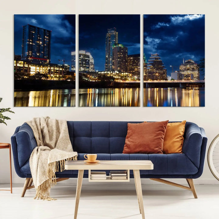 The modern living room is enhanced by the sophisticated "Austin City Lights Night Blue Cloudy Skyline Cityscape View" wall art canvas print. This piece features museum-quality craftsmanship and a UV-protective coating.