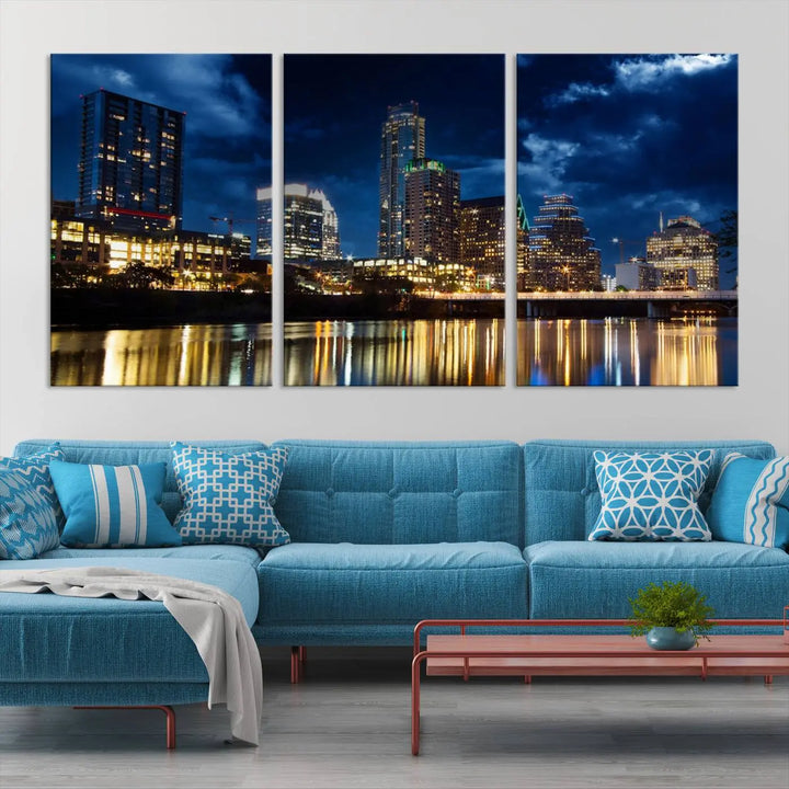 The modern living room is enhanced by the sophisticated "Austin City Lights Night Blue Cloudy Skyline Cityscape View" wall art canvas print. This piece features museum-quality craftsmanship and a UV-protective coating.