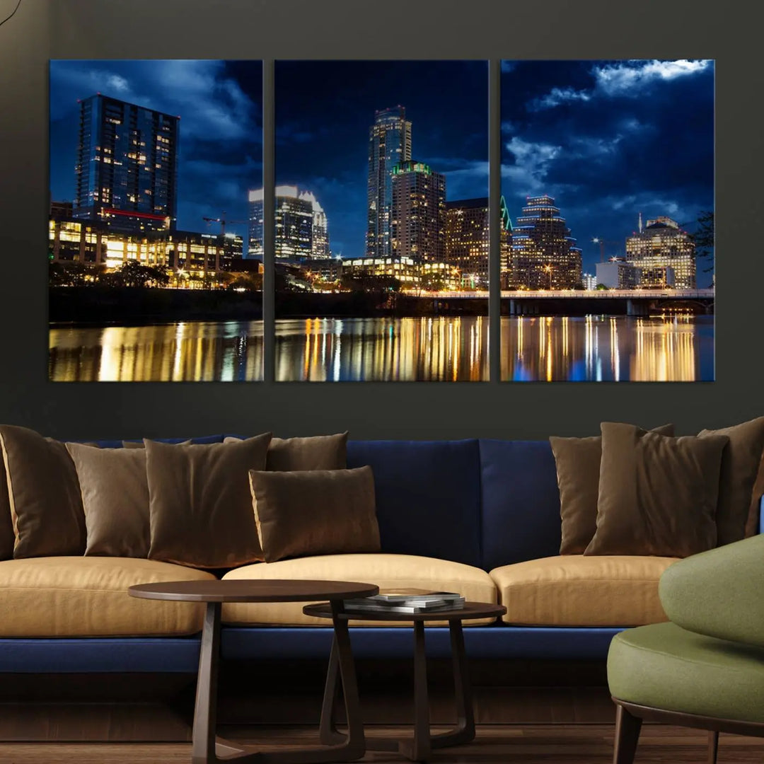 The modern living room is enhanced by the sophisticated "Austin City Lights Night Blue Cloudy Skyline Cityscape View" wall art canvas print. This piece features museum-quality craftsmanship and a UV-protective coating.