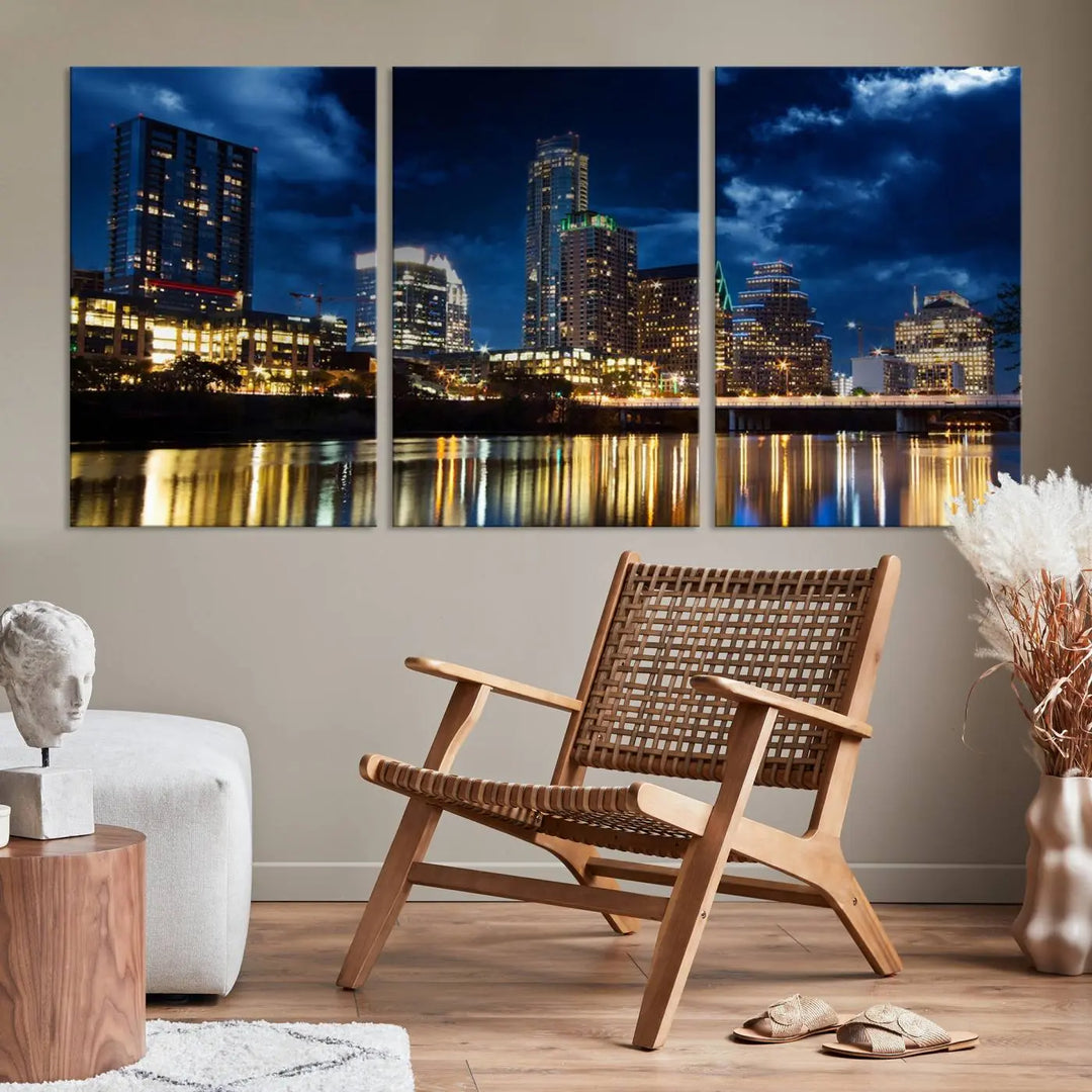 The modern living room is enhanced by the sophisticated "Austin City Lights Night Blue Cloudy Skyline Cityscape View" wall art canvas print. This piece features museum-quality craftsmanship and a UV-protective coating.