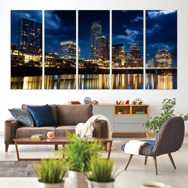 The modern living room is enhanced by the sophisticated "Austin City Lights Night Blue Cloudy Skyline Cityscape View" wall art canvas print. This piece features museum-quality craftsmanship and a UV-protective coating.