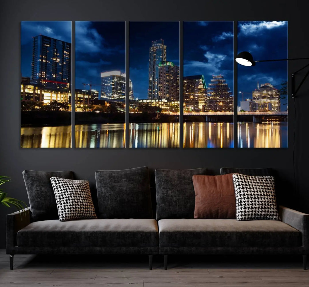 The modern living room is enhanced by the sophisticated "Austin City Lights Night Blue Cloudy Skyline Cityscape View" wall art canvas print. This piece features museum-quality craftsmanship and a UV-protective coating.