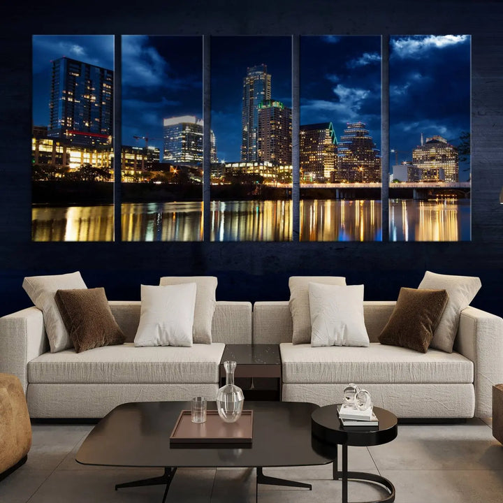 The modern living room is enhanced by the sophisticated "Austin City Lights Night Blue Cloudy Skyline Cityscape View" wall art canvas print. This piece features museum-quality craftsmanship and a UV-protective coating.