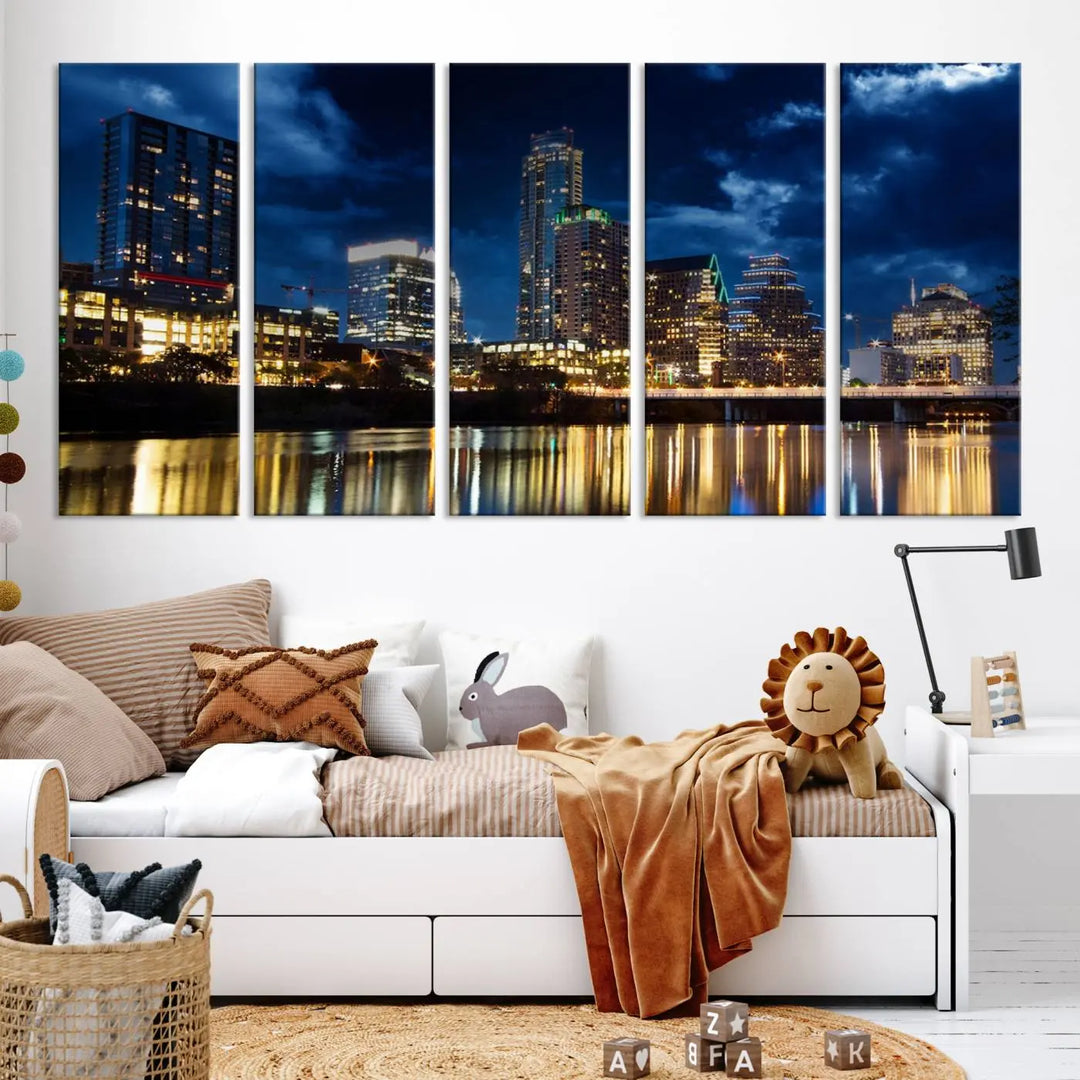 The modern living room is enhanced by the sophisticated "Austin City Lights Night Blue Cloudy Skyline Cityscape View" wall art canvas print. This piece features museum-quality craftsmanship and a UV-protective coating.