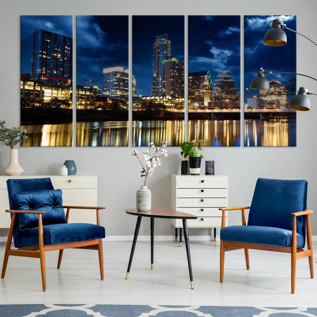 The modern living room is enhanced by the sophisticated "Austin City Lights Night Blue Cloudy Skyline Cityscape View" wall art canvas print. This piece features museum-quality craftsmanship and a UV-protective coating.