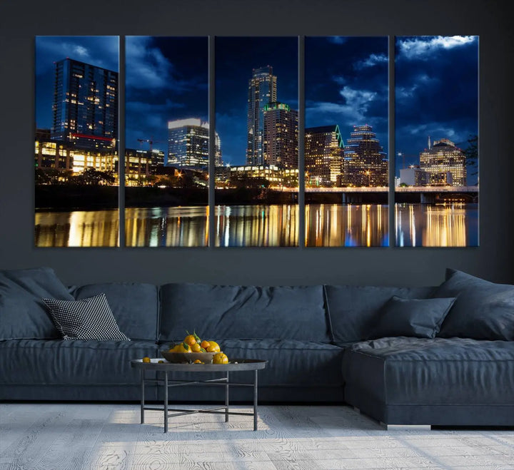 The modern living room is enhanced by the sophisticated "Austin City Lights Night Blue Cloudy Skyline Cityscape View" wall art canvas print. This piece features museum-quality craftsmanship and a UV-protective coating.