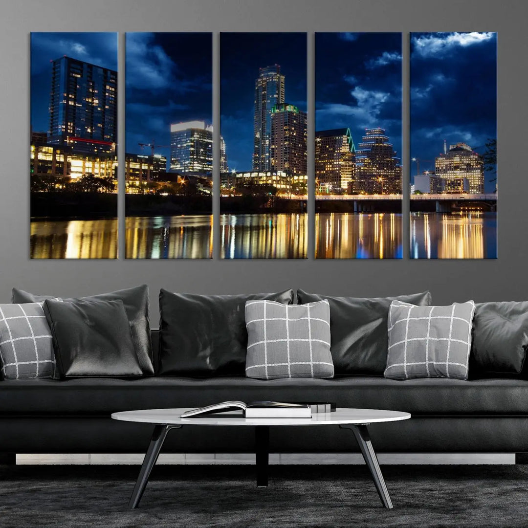 The modern living room is enhanced by the sophisticated "Austin City Lights Night Blue Cloudy Skyline Cityscape View" wall art canvas print. This piece features museum-quality craftsmanship and a UV-protective coating.