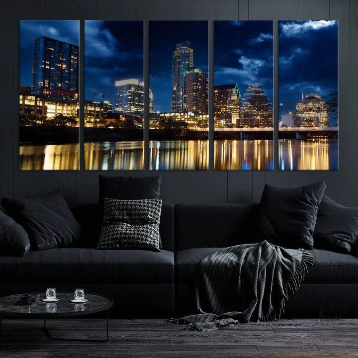 The modern living room is enhanced by the sophisticated "Austin City Lights Night Blue Cloudy Skyline Cityscape View" wall art canvas print. This piece features museum-quality craftsmanship and a UV-protective coating.