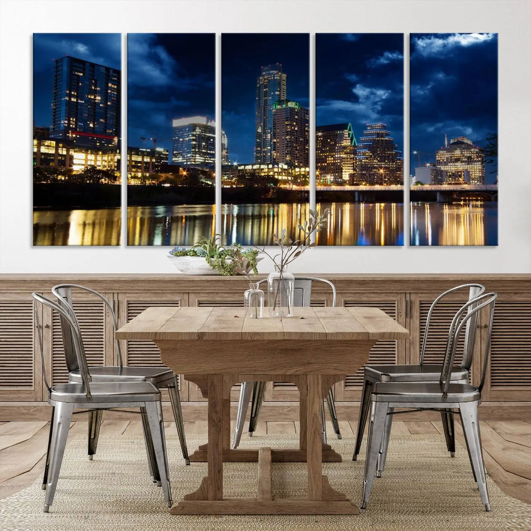 The modern living room is enhanced by the sophisticated "Austin City Lights Night Blue Cloudy Skyline Cityscape View" wall art canvas print. This piece features museum-quality craftsmanship and a UV-protective coating.