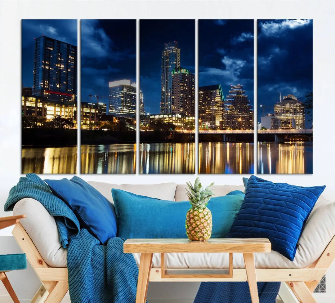 The modern living room is enhanced by the sophisticated "Austin City Lights Night Blue Cloudy Skyline Cityscape View" wall art canvas print. This piece features museum-quality craftsmanship and a UV-protective coating.