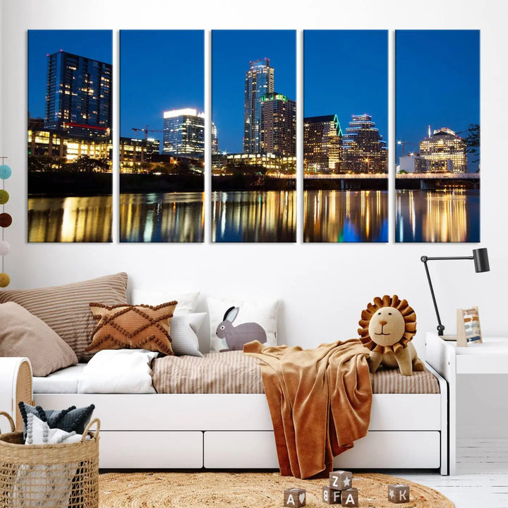 A cozy bedroom features the Austin City Lights Night Blue Skyline Cityscape View Wall Art Canvas Print, crafted on museum-quality canvas and ready to hang above the bed.