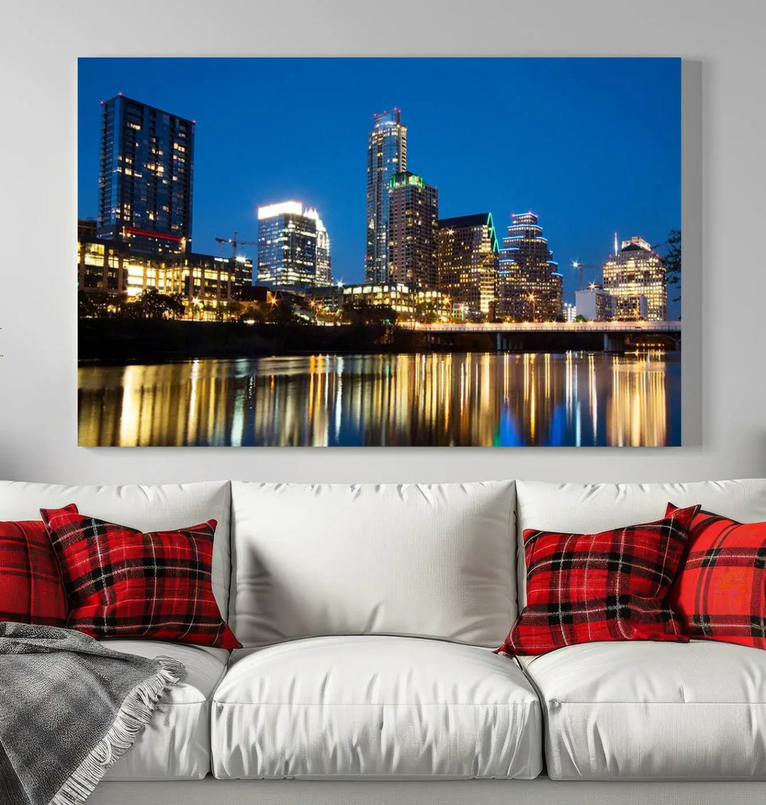 A cozy bedroom features the Austin City Lights Night Blue Skyline Cityscape View Wall Art Canvas Print, crafted on museum-quality canvas and ready to hang above the bed.