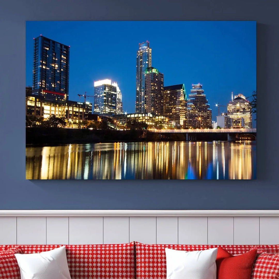 A cozy bedroom features the Austin City Lights Night Blue Skyline Cityscape View Wall Art Canvas Print, crafted on museum-quality canvas and ready to hang above the bed.