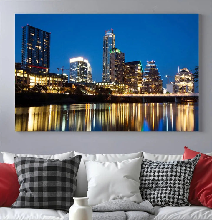 A cozy bedroom features the Austin City Lights Night Blue Skyline Cityscape View Wall Art Canvas Print, crafted on museum-quality canvas and ready to hang above the bed.