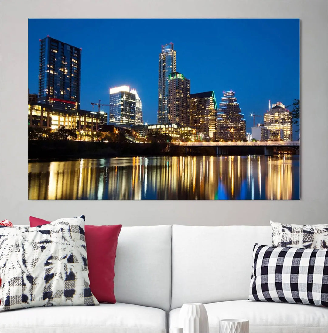 A cozy bedroom features the Austin City Lights Night Blue Skyline Cityscape View Wall Art Canvas Print, crafted on museum-quality canvas and ready to hang above the bed.