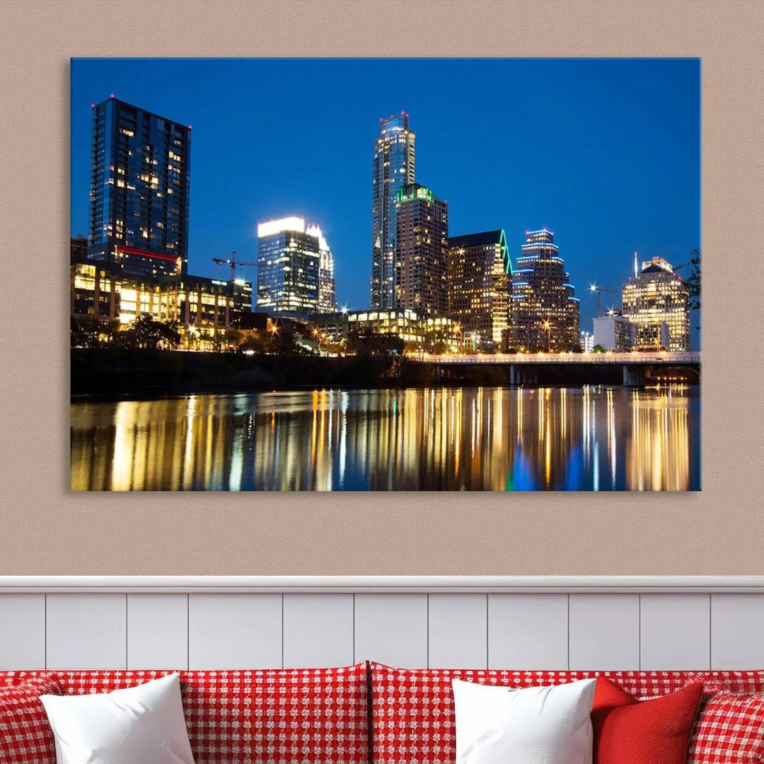 A cozy bedroom features the Austin City Lights Night Blue Skyline Cityscape View Wall Art Canvas Print, crafted on museum-quality canvas and ready to hang above the bed.