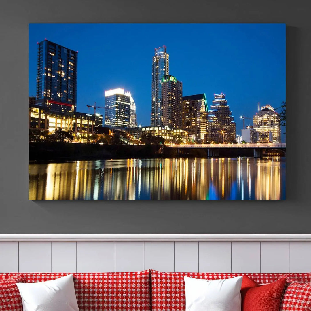 A cozy bedroom features the Austin City Lights Night Blue Skyline Cityscape View Wall Art Canvas Print, crafted on museum-quality canvas and ready to hang above the bed.