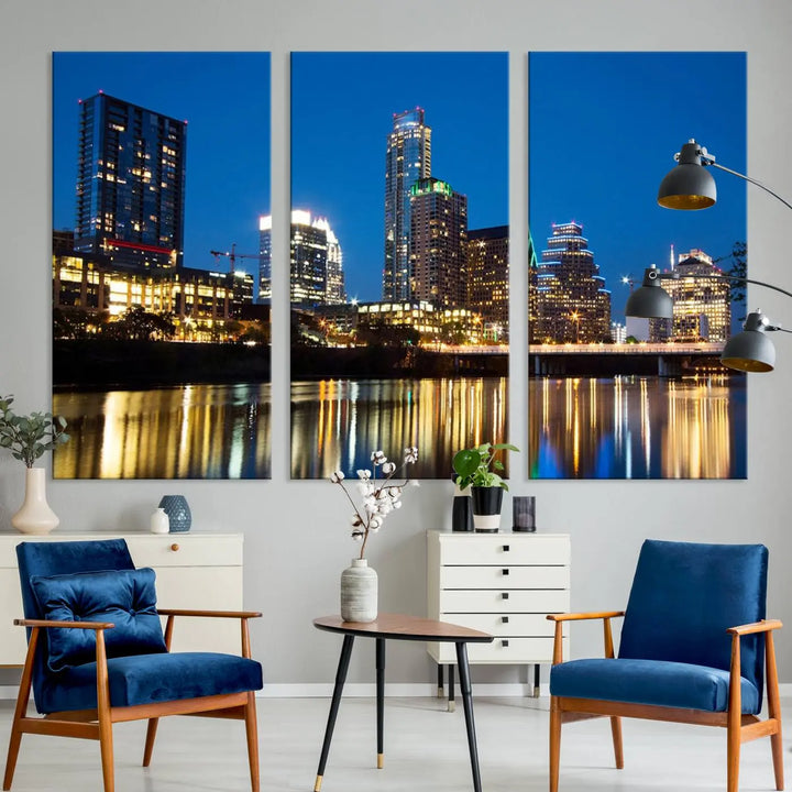 A cozy bedroom features the Austin City Lights Night Blue Skyline Cityscape View Wall Art Canvas Print, crafted on museum-quality canvas and ready to hang above the bed.