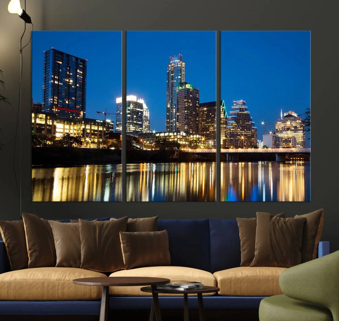 A cozy bedroom features the Austin City Lights Night Blue Skyline Cityscape View Wall Art Canvas Print, crafted on museum-quality canvas and ready to hang above the bed.