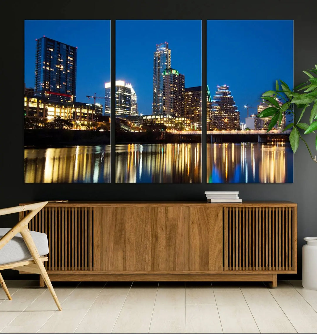 A cozy bedroom features the Austin City Lights Night Blue Skyline Cityscape View Wall Art Canvas Print, crafted on museum-quality canvas and ready to hang above the bed.