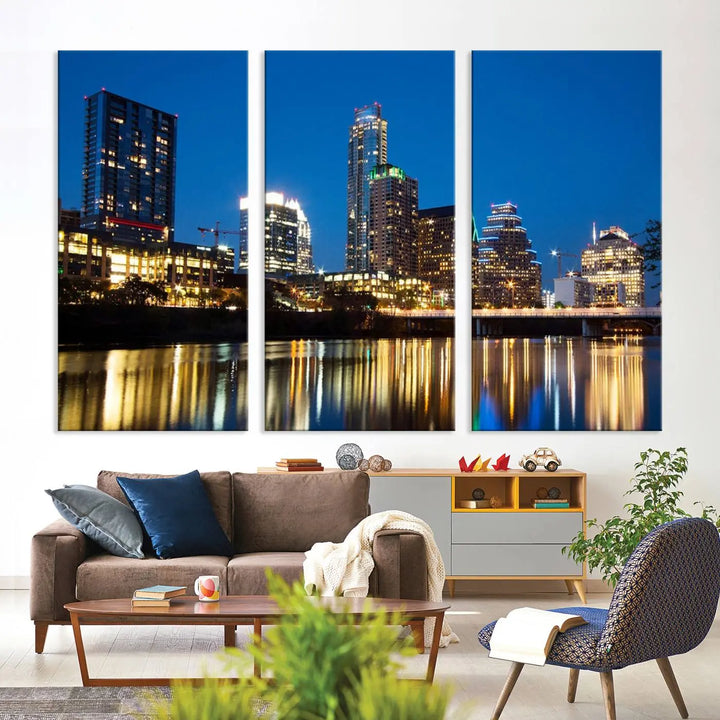 A cozy bedroom features the Austin City Lights Night Blue Skyline Cityscape View Wall Art Canvas Print, crafted on museum-quality canvas and ready to hang above the bed.