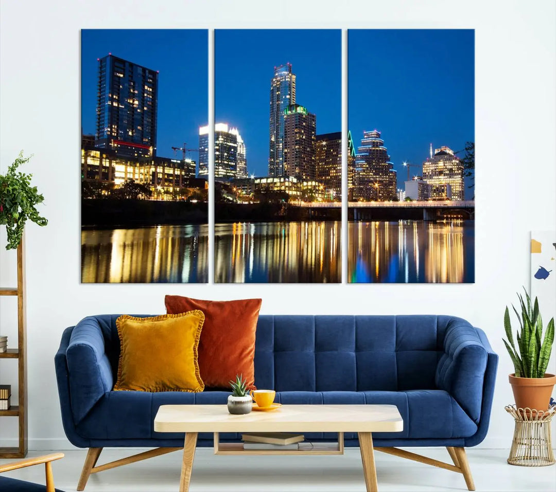 A cozy bedroom features the Austin City Lights Night Blue Skyline Cityscape View Wall Art Canvas Print, crafted on museum-quality canvas and ready to hang above the bed.