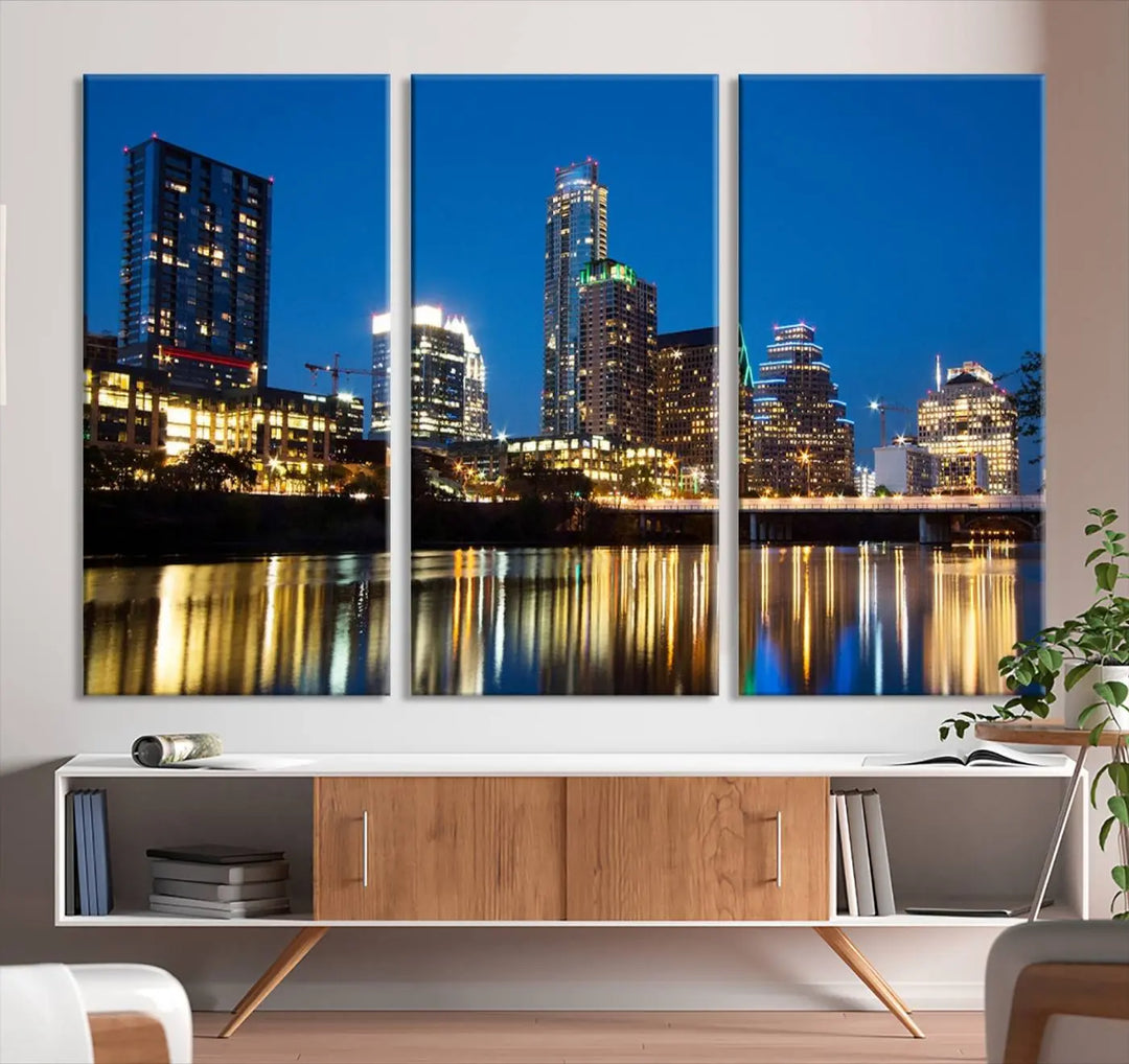 A cozy bedroom features the Austin City Lights Night Blue Skyline Cityscape View Wall Art Canvas Print, crafted on museum-quality canvas and ready to hang above the bed.