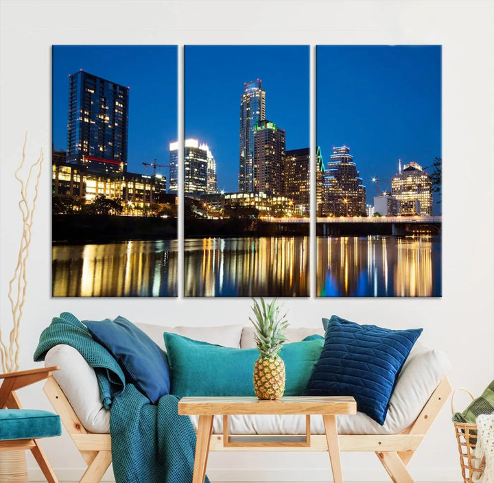 A cozy bedroom features the Austin City Lights Night Blue Skyline Cityscape View Wall Art Canvas Print, crafted on museum-quality canvas and ready to hang above the bed.