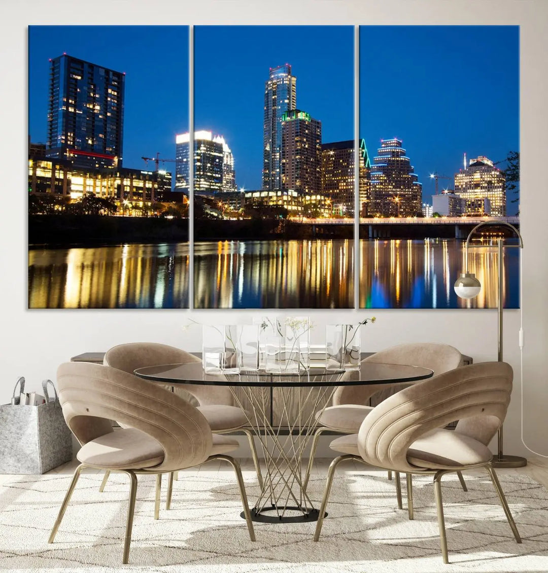 A cozy bedroom features the Austin City Lights Night Blue Skyline Cityscape View Wall Art Canvas Print, crafted on museum-quality canvas and ready to hang above the bed.