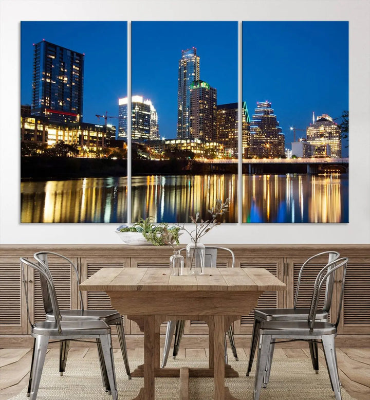 A cozy bedroom features the Austin City Lights Night Blue Skyline Cityscape View Wall Art Canvas Print, crafted on museum-quality canvas and ready to hang above the bed.