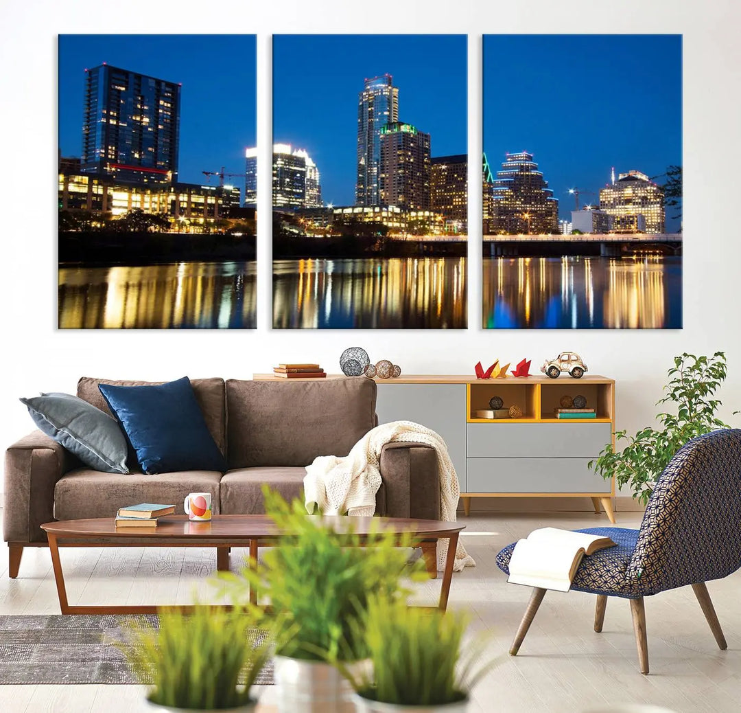 A cozy bedroom features the Austin City Lights Night Blue Skyline Cityscape View Wall Art Canvas Print, crafted on museum-quality canvas and ready to hang above the bed.