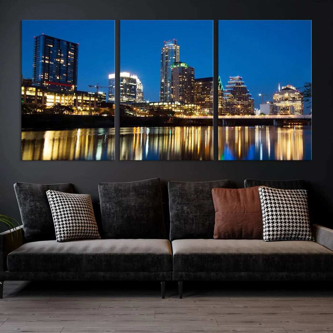 A cozy bedroom features the Austin City Lights Night Blue Skyline Cityscape View Wall Art Canvas Print, crafted on museum-quality canvas and ready to hang above the bed.