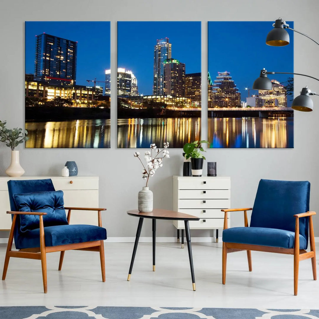 A cozy bedroom features the Austin City Lights Night Blue Skyline Cityscape View Wall Art Canvas Print, crafted on museum-quality canvas and ready to hang above the bed.