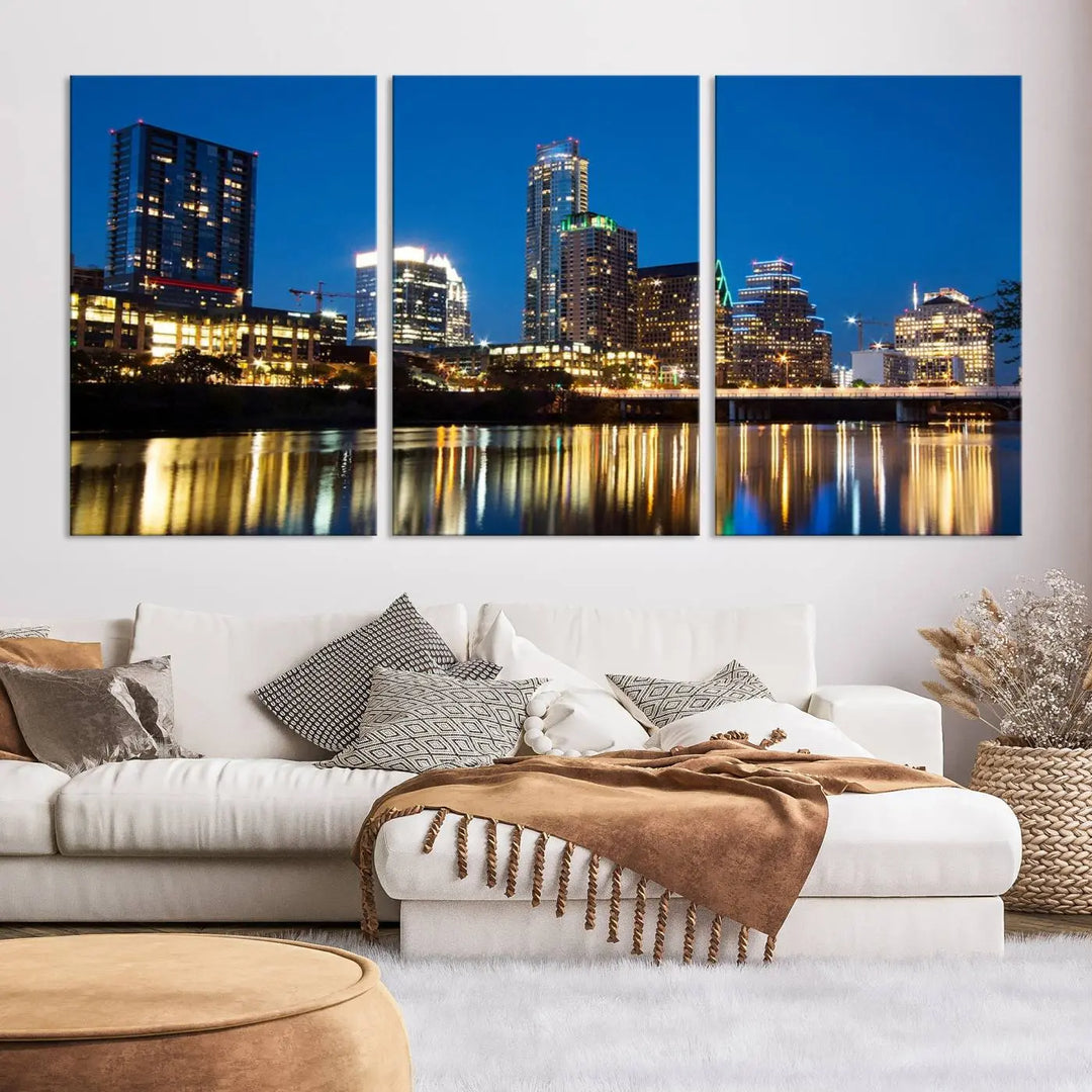 A cozy bedroom features the Austin City Lights Night Blue Skyline Cityscape View Wall Art Canvas Print, crafted on museum-quality canvas and ready to hang above the bed.