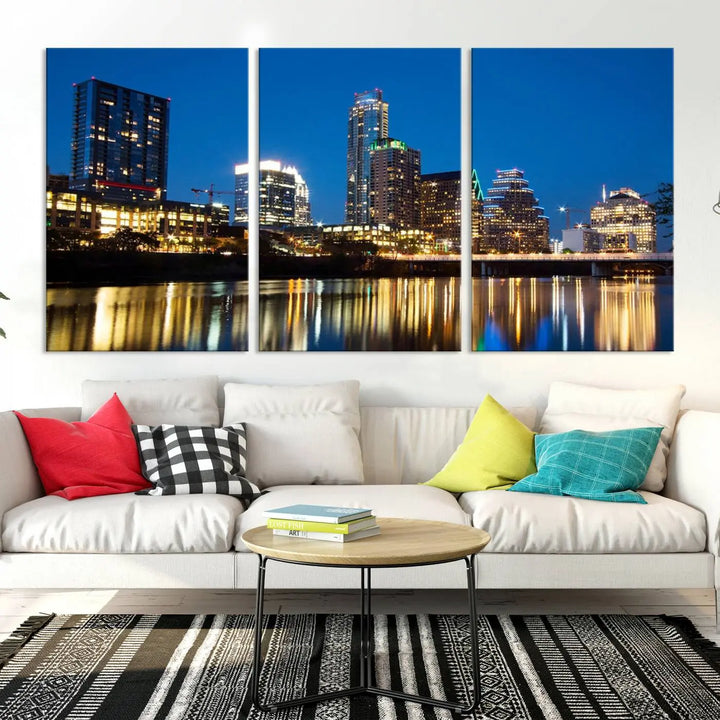 A cozy bedroom features the Austin City Lights Night Blue Skyline Cityscape View Wall Art Canvas Print, crafted on museum-quality canvas and ready to hang above the bed.