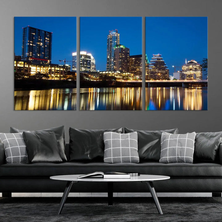 A cozy bedroom features the Austin City Lights Night Blue Skyline Cityscape View Wall Art Canvas Print, crafted on museum-quality canvas and ready to hang above the bed.