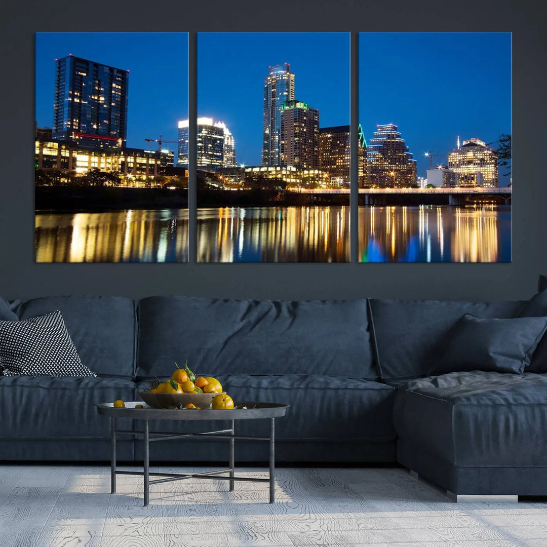 A cozy bedroom features the Austin City Lights Night Blue Skyline Cityscape View Wall Art Canvas Print, crafted on museum-quality canvas and ready to hang above the bed.