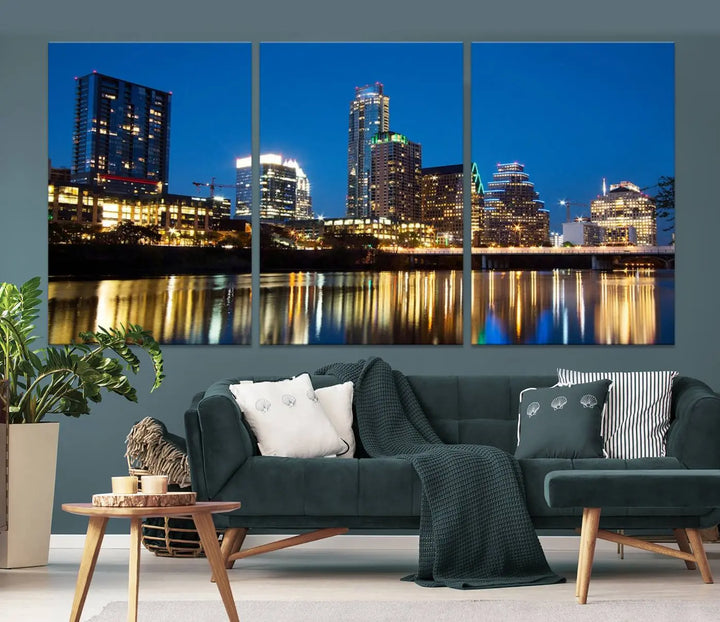 A cozy bedroom features the Austin City Lights Night Blue Skyline Cityscape View Wall Art Canvas Print, crafted on museum-quality canvas and ready to hang above the bed.