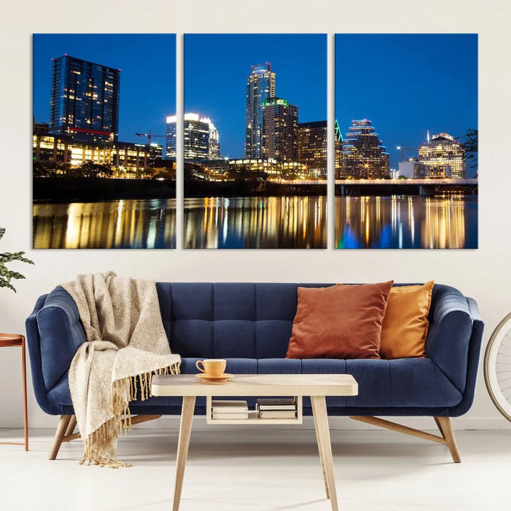 A cozy bedroom features the Austin City Lights Night Blue Skyline Cityscape View Wall Art Canvas Print, crafted on museum-quality canvas and ready to hang above the bed.