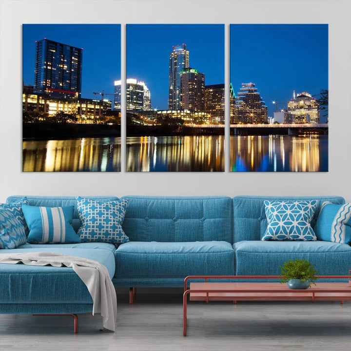 A cozy bedroom features the Austin City Lights Night Blue Skyline Cityscape View Wall Art Canvas Print, crafted on museum-quality canvas and ready to hang above the bed.